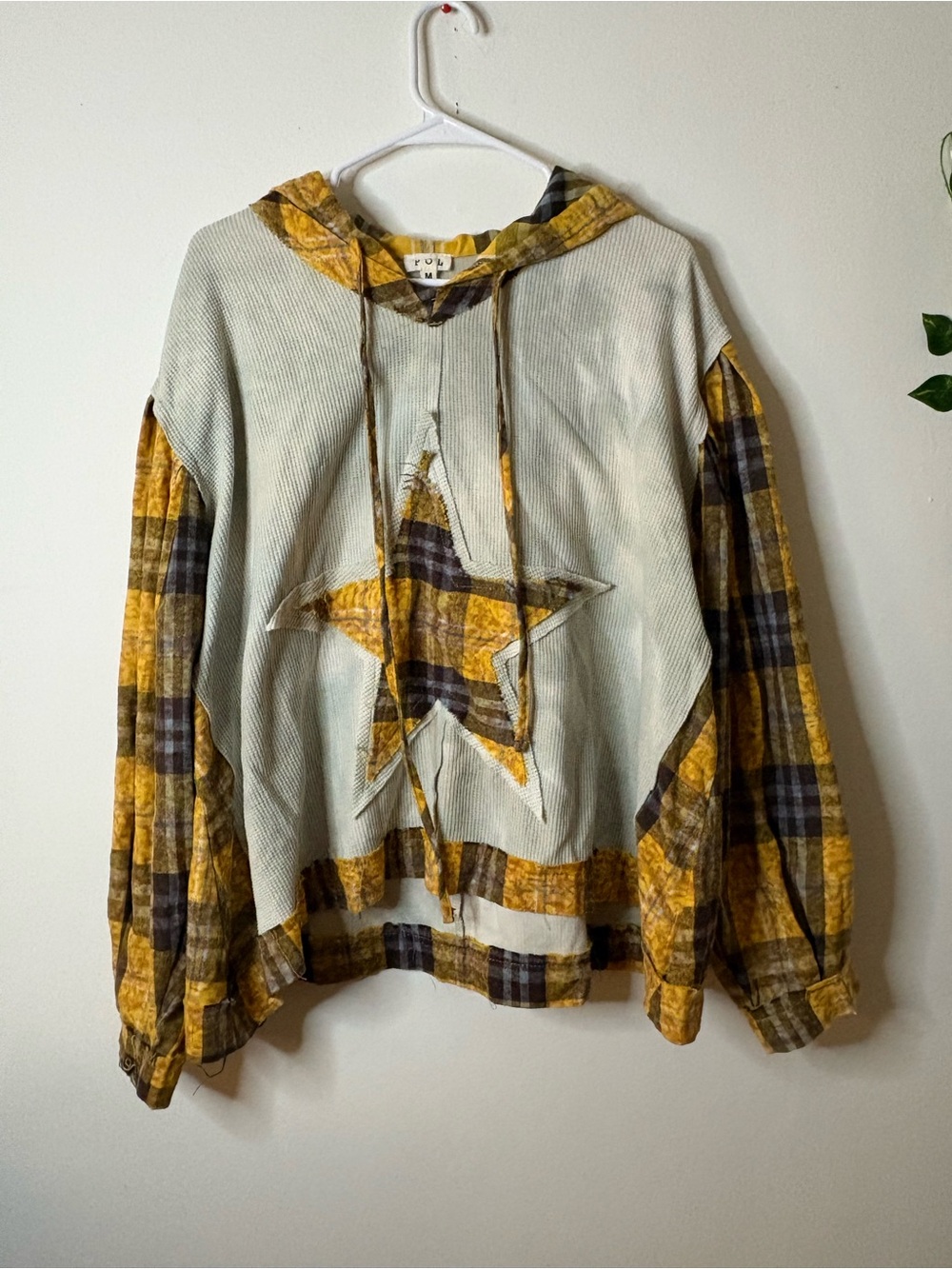 POL Cream Hoodie with Yellow Plaid Star Detail